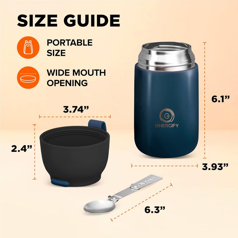 ENERGIFY Vacuum Insulated Food Jar. Large 24oz Bowl incl. Folding Spoon, Cup. Wide Mouth Keep Hot & Cold Drinks Soup Lunch Container for Adults. BPA-Free Stainless Steel, Leak Prooff Velvet blue - Image 2